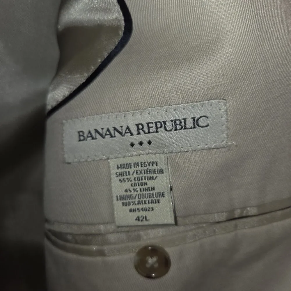 Banana Republic Mens Cotton Linen 3-Button Suit Jacket Blazer Beige Tan 42L